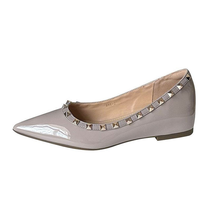 Ladies Flat Pointed Patent Ballerinas with Cushioned Comfort Insole and Studded Trim Mune Fashion