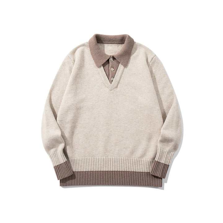 Men's Polo Collar Knitted Sweater with Button Placket and Contrasting Cuffs Mune Fashion