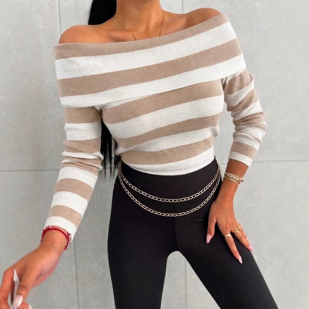 Women Casual Striped Off-Shoulder Top Mune Fashion