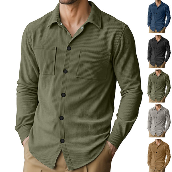 Men's textured casual overshirt with fine vertical ribbing, kent collar and patch chest pockets Mune Fashion