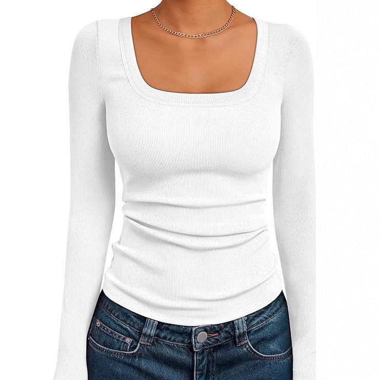 Women's Fitted Ribbed Long Sleeve Shirt with Wide Square Neckline and Stretch Cotton Blend Mune Fashion