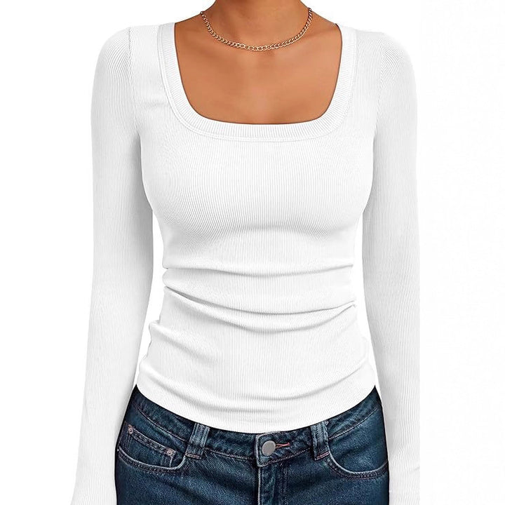 Women's Fitted Ribbed Long Sleeve Shirt with Wide Square Neckline and Stretch Cotton Blend Mune Fashion