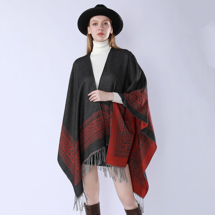 Women's Reversible Wool Blend Kimono Style Wrap with Ornamental Border and Decorative Fringes