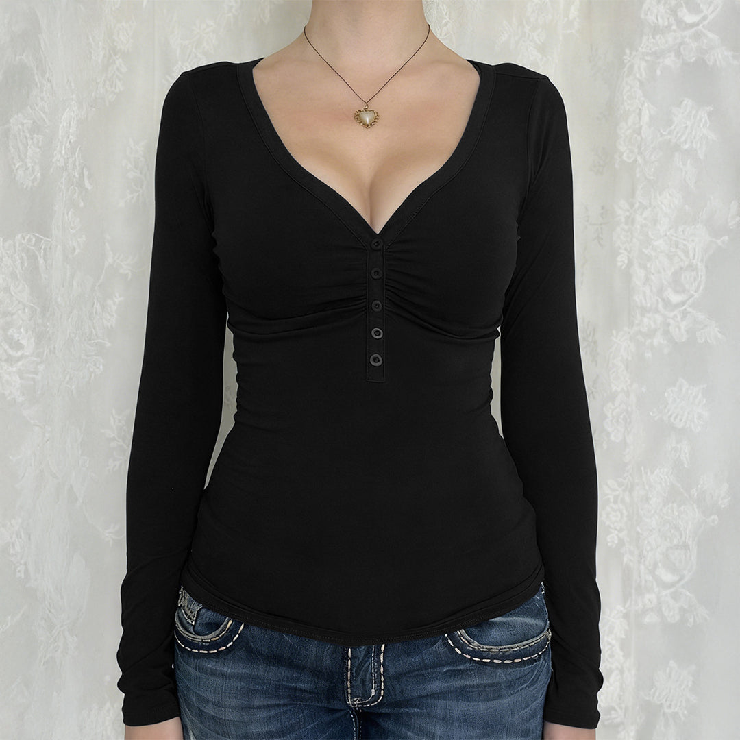 Women's tailored long-sleeve shirt with gathered button placket and deep V-neck Mune Fashion