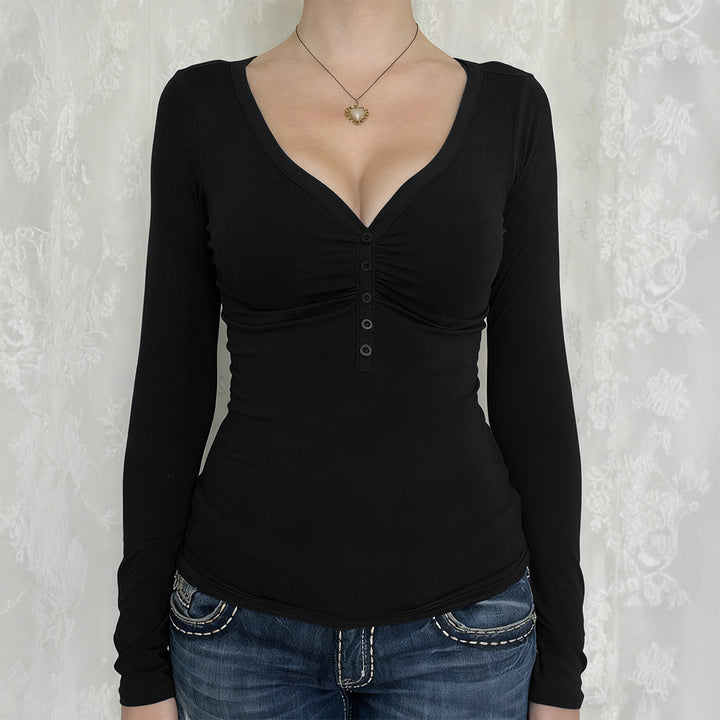 Women's tailored long-sleeve shirt with gathered button placket and deep V-neck Mune Fashion