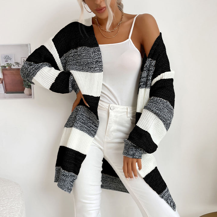 Women's Longline Knit Cardigan with Wide Block Stripes, Open Front and Dropped Shoulders Mune Fashion
