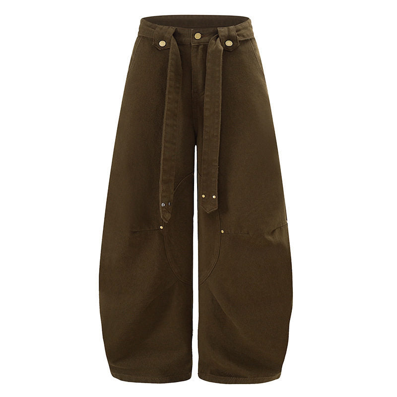 Women's Extra Wide High-Waist Palazzo Pants with Decorative Knee Patch, Tied Belt and Culotte Cut Mune Fashion