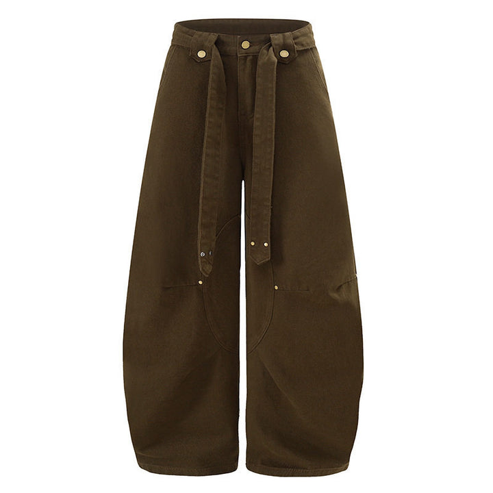 Women's Extra Wide High-Waist Palazzo Pants with Decorative Knee Patch, Tied Belt and Culotte Cut Mune Fashion