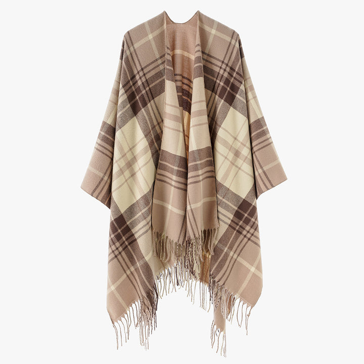 Women's Pure Wool Look Throw in Tartan Check with Open Front and Fringed Hem Mune Fashion