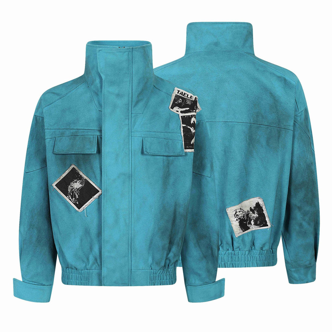 Women's Short Boxy Blouson with High Standing Collar, Applied Patches, and Elastic Hem
