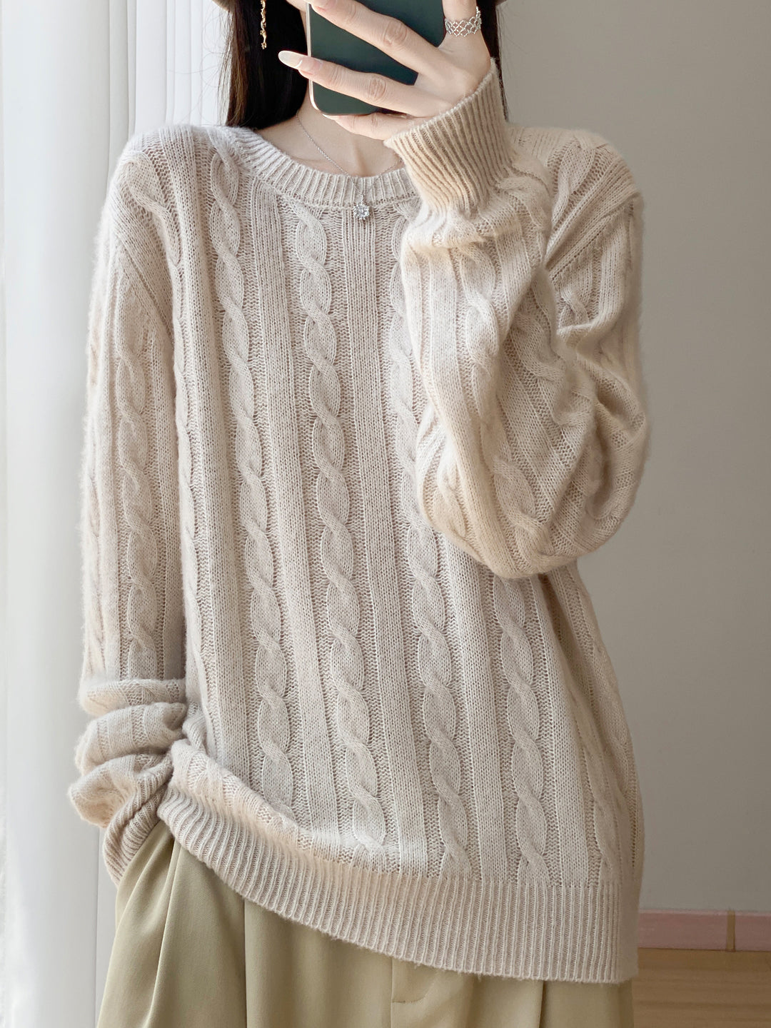 Women's Plus Size Cable Knit Sweater in Mohair Look with Ribbed Hem Mune Fashion