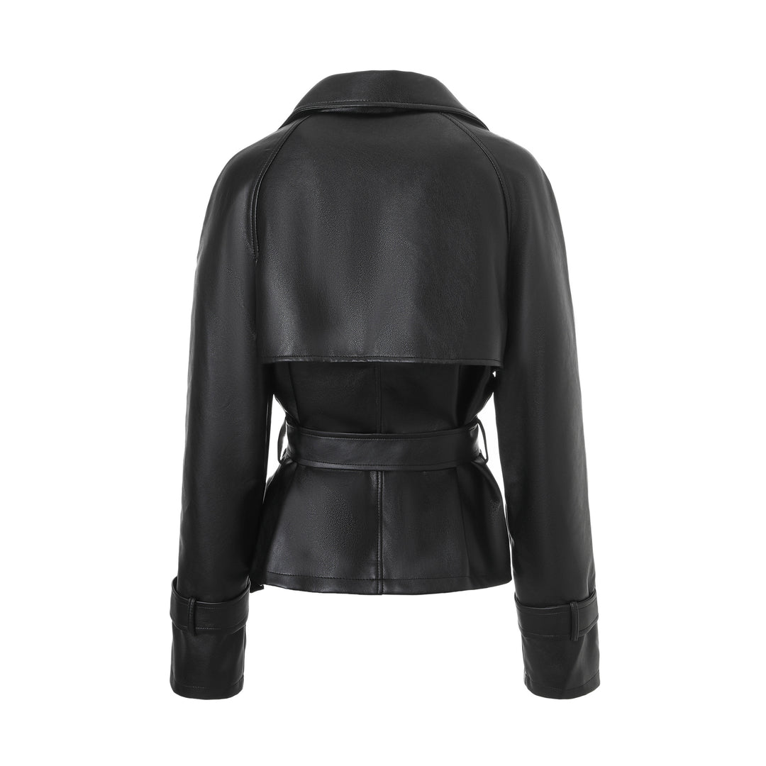 Women's Elegant Faux Leather Jacket with Belt Mune Fashion
