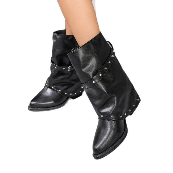 Women's Fashionable Boots with Studs and Belt Details Mune Fashion