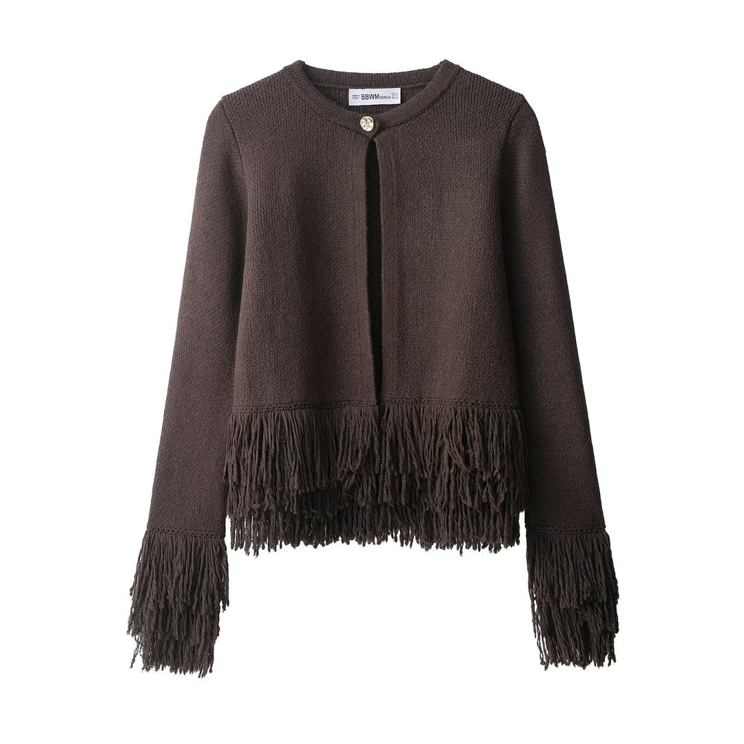 Women's Short Knitted Cardigan with Fringe Trim, Round Neckline and Single Button Closure Mune Fashion