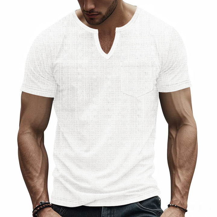 Men's short-sleeved shirt with slit V-neck structured linen look and patch chest pocket Mune Fashion