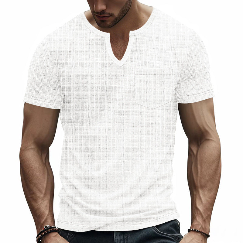 Men's short-sleeved shirt with slit V-neck structured linen look and patch chest pocket Mune Fashion