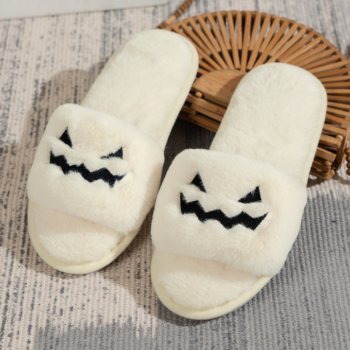 Ladies fluffy house slippers with embroidered pumpkin face and non-slip sole Mune Fashion