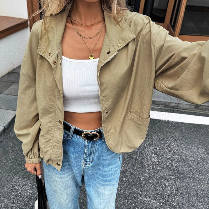 Women's Lightweight Utility Bomber Jacket with Drawstring, Rubber Cuffs, and Patch Pockets Mune Fashion