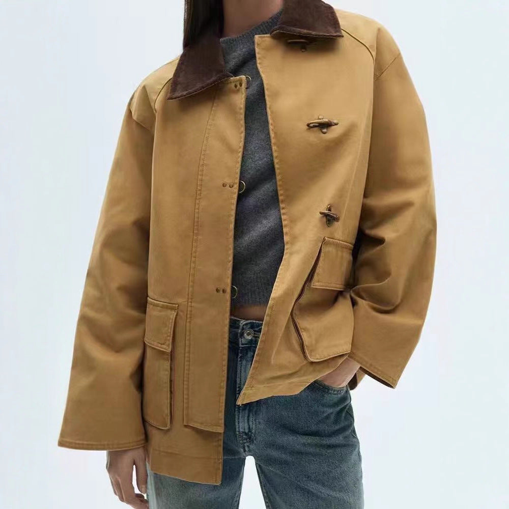 Women Oversize Short Coat with Toggle Closures and Cord Collar Mune Fashion