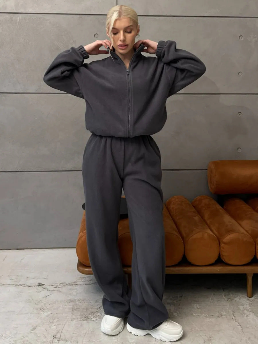 Women Comfortable Fleece Loungewear Set with Short Zip Top and Wide High Waist Pants Mune Fashion