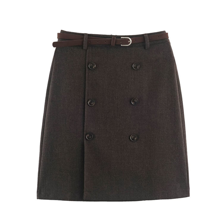 Women's midi skirt in A-line cut with double-breasted button placket and waist belt Mune Fashion