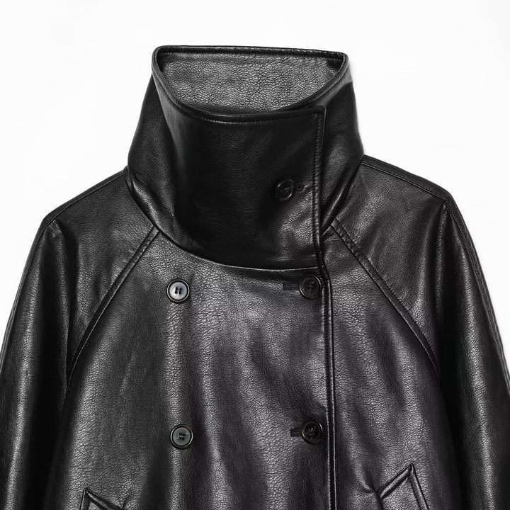 Women's Short Faux Leather Jacket with High Stand Collar, Double-Breasted and Drawstring Waist Mune Fashion