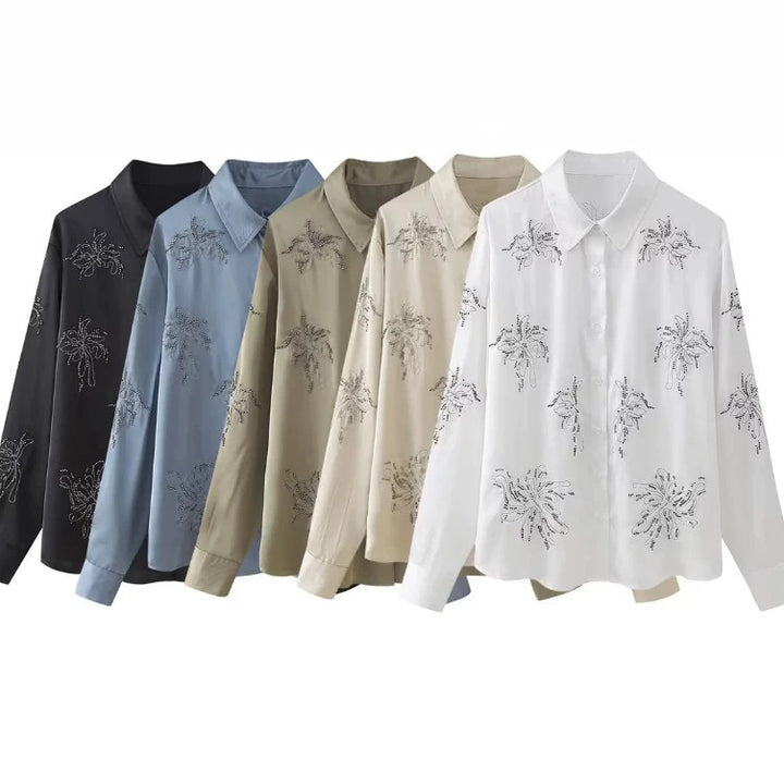 Women's embroidered silk-look blouse with sparkling crystal embellishments and shirt collar Mune Fashion