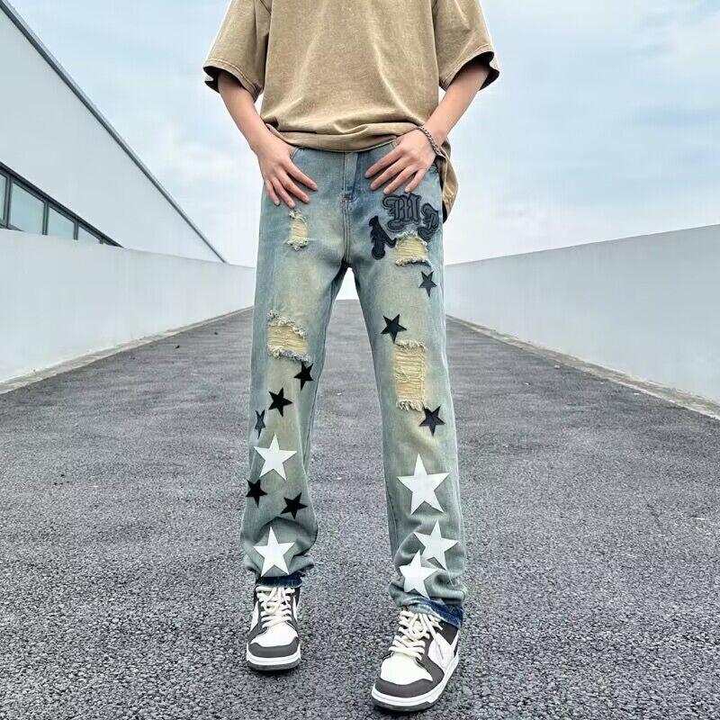 Men's Casual Distressed Jeans with Star Appliqués Mune Fashion