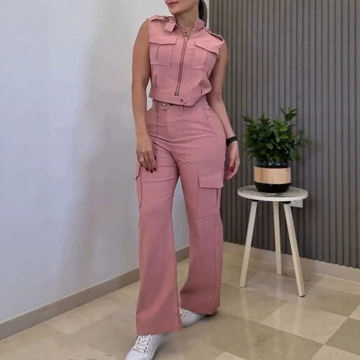 Women's Two-Piece Utility Set with High-Waist Cargo Pants and Cropped Vest Drune