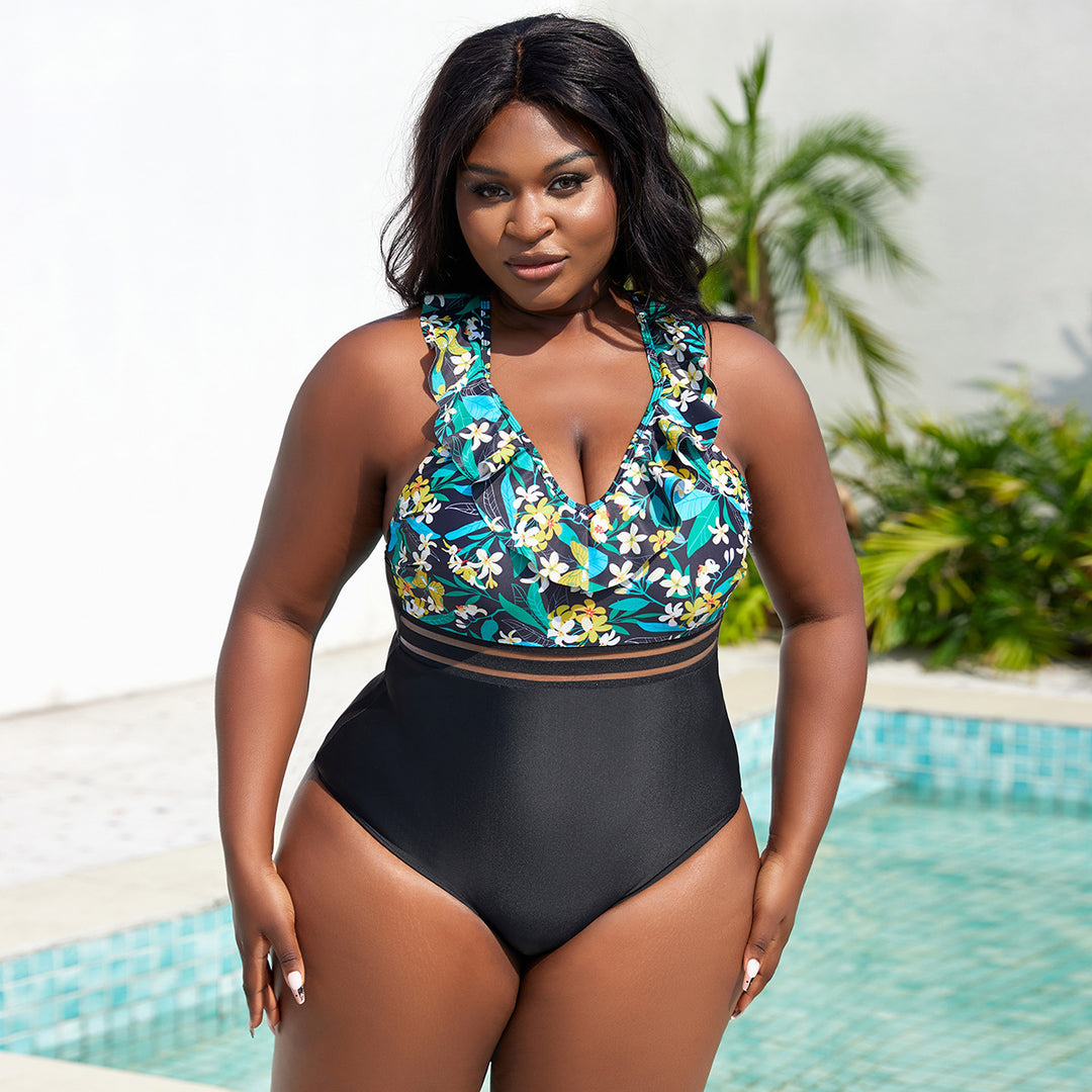 Women's High-Waisted Swimsuit with Ruffle Details and Floral Top Mune Fashion