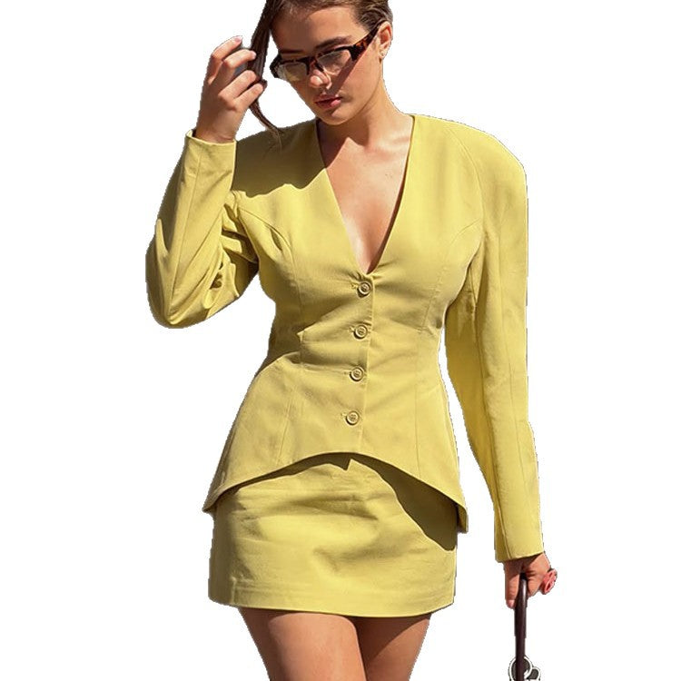 Women's Tailored Blazer Set with Deep V-Neck, Distinctive Peplum and Figure-Hugging Mini Skirt Mune Fashion