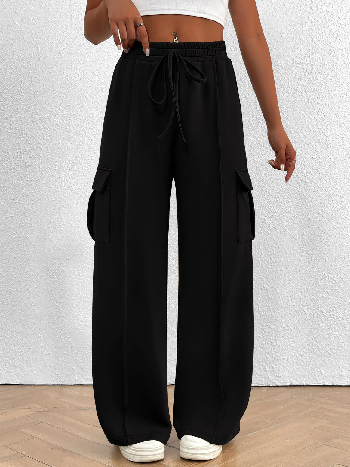 Women Wide Cargo Lounge Pants with Drawstring Waist and Flap Pockets Mune Fashion