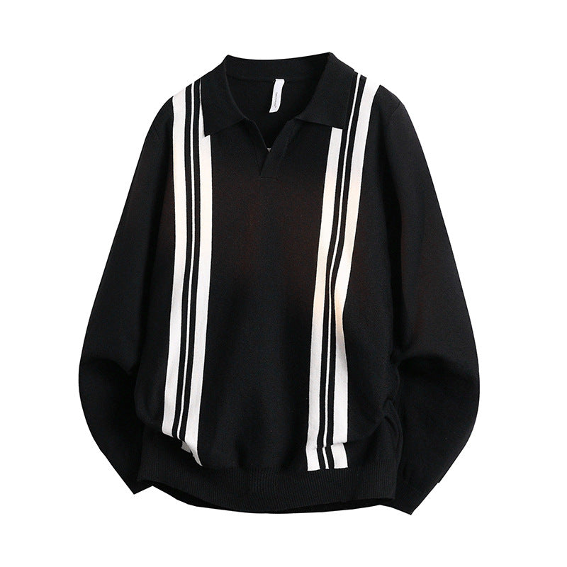 Unisex fine knit polo with open V-neck and vertical contrast stripes Mune Fashion