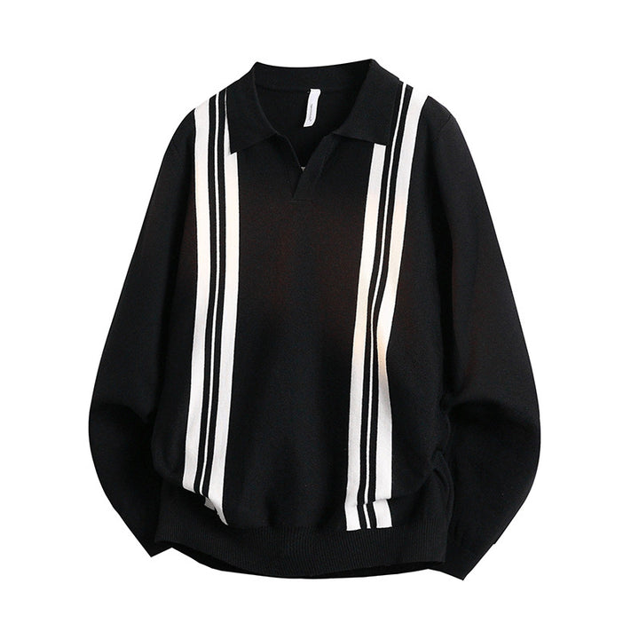 Unisex fine knit polo with open V-neck and vertical contrast stripes Mune Fashion