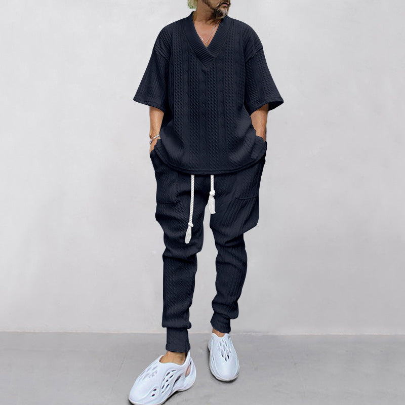 Men's casual knit set with V-neck and drawstring jogger pants Mune Fashion