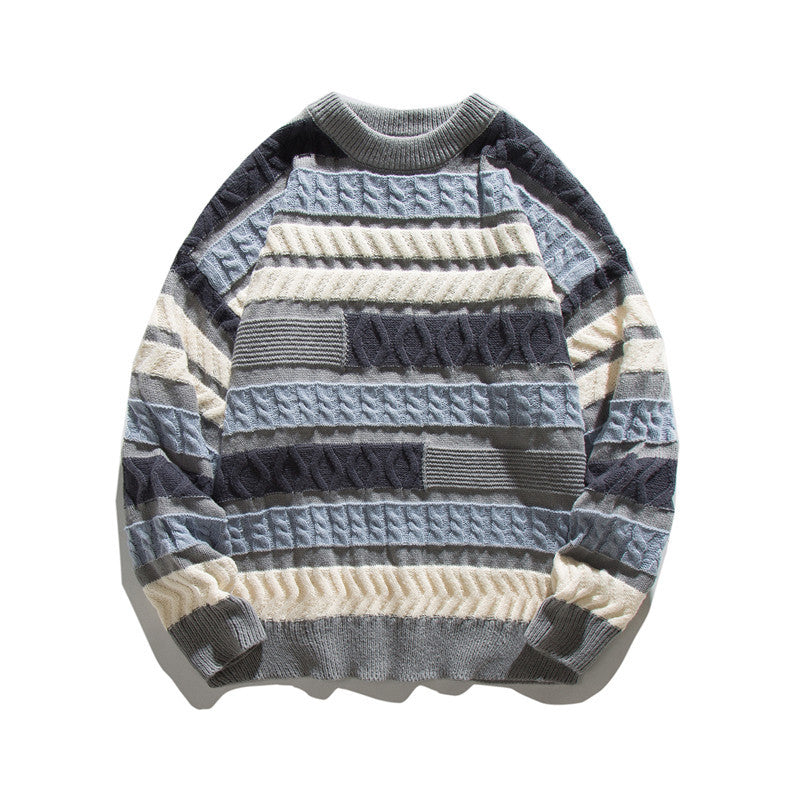 Unisex Oversize Chunky Knit Sweater with Structured Block Stripe Look and Round Neck