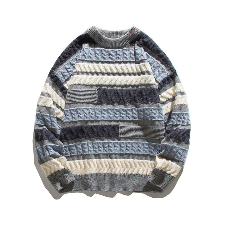 Unisex Oversize Chunky Knit Sweater with Structured Block Stripe Look and Round Neck