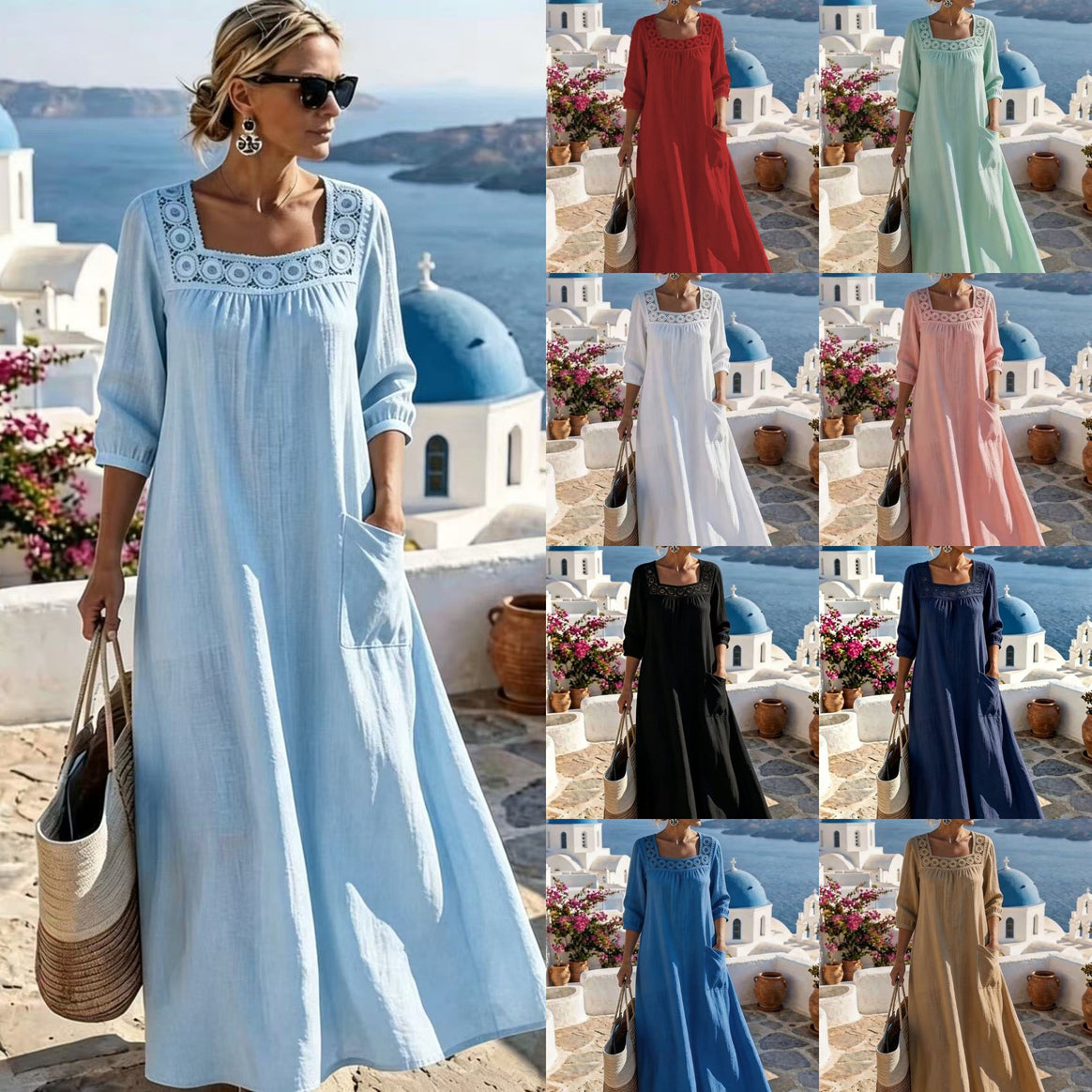 Women's maxi dress with crochet square neckline, three-quarter sleeves, and pocket Mune Fashion