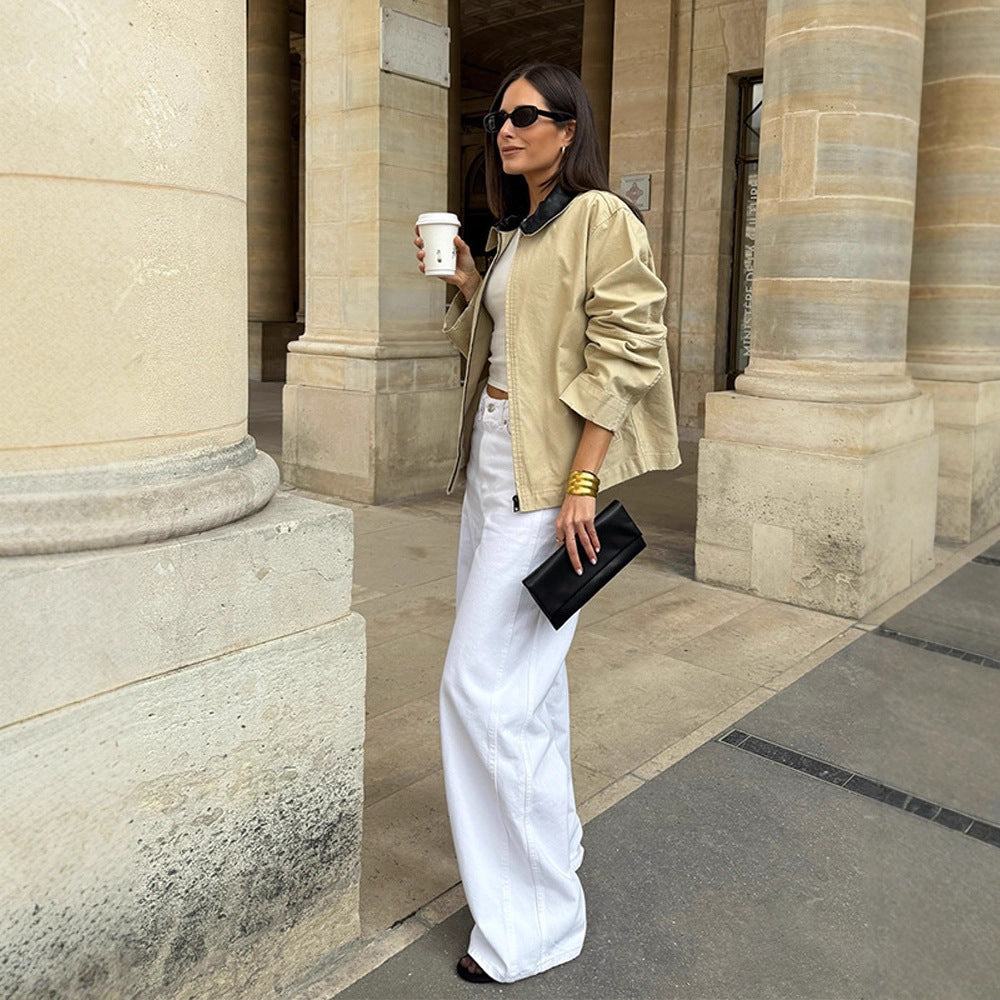 Women's Boxy Transitional Jacket with Contrasting Collar and Concealed Zipper Mune Fashion