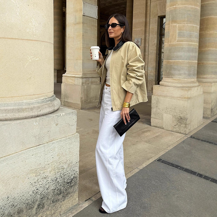 Women's Boxy Transitional Jacket with Contrasting Collar and Concealed Zipper Mune Fashion