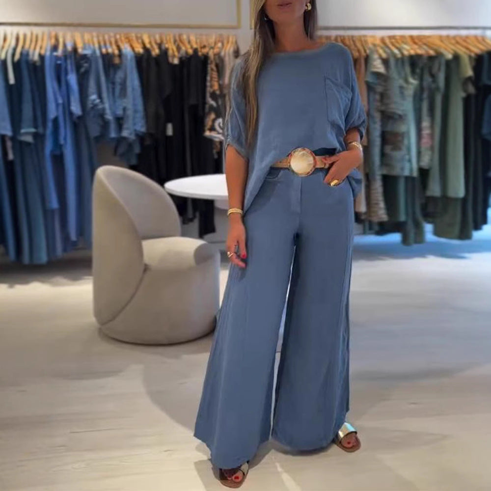 Women's Linen Blend Two-Piece Set with Boxy Oversized Shirt, Chest Pocket and Wide Palazzo Pants Mune Fashion
