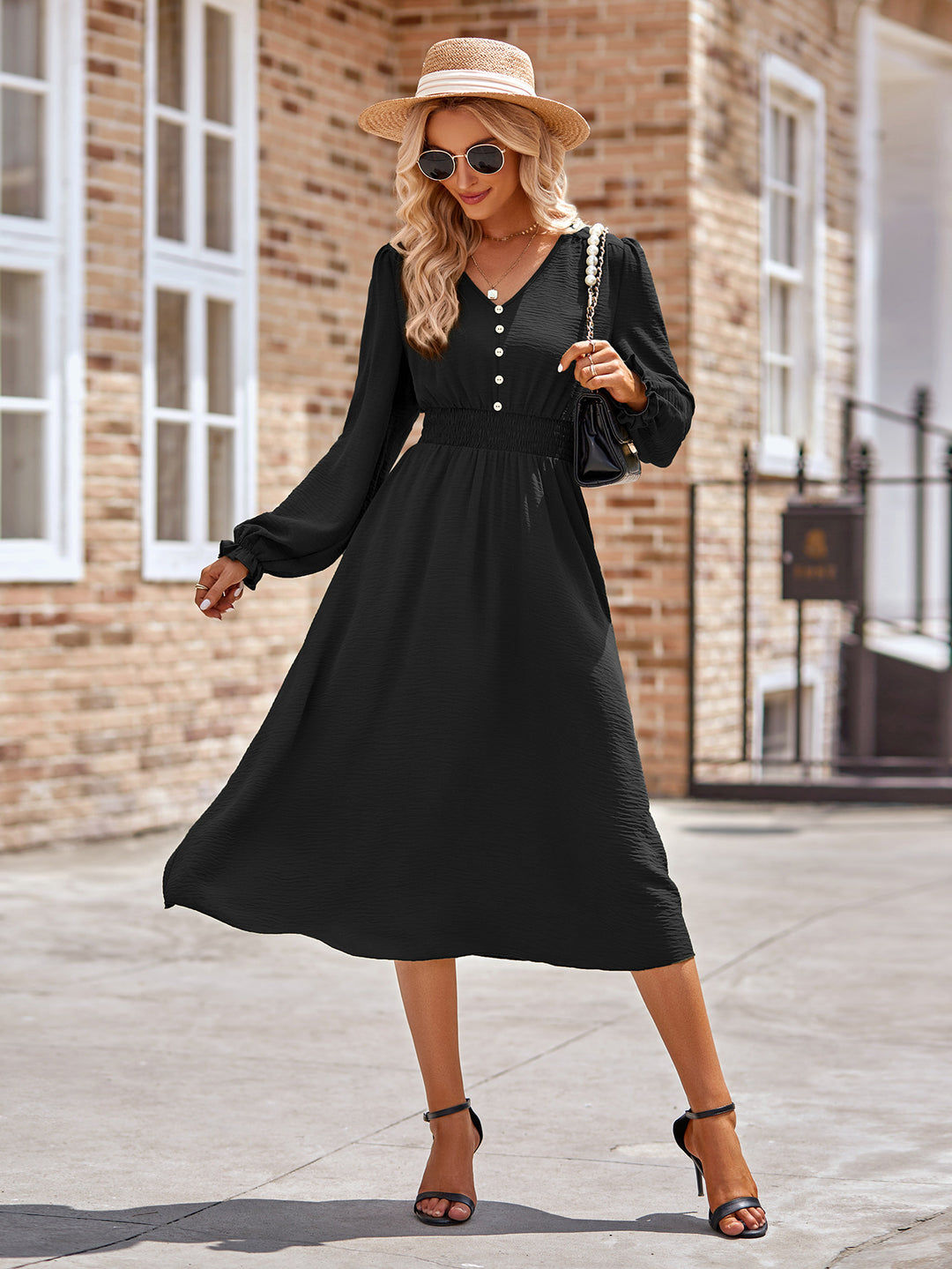 Women’s midi dress with V-neck, gathered smock waist and button placket Drune