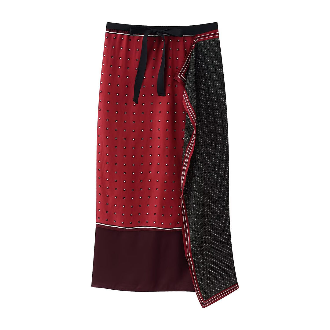 Women's satin look wrap skirt with tie belt and mixed print Mune Fashion
