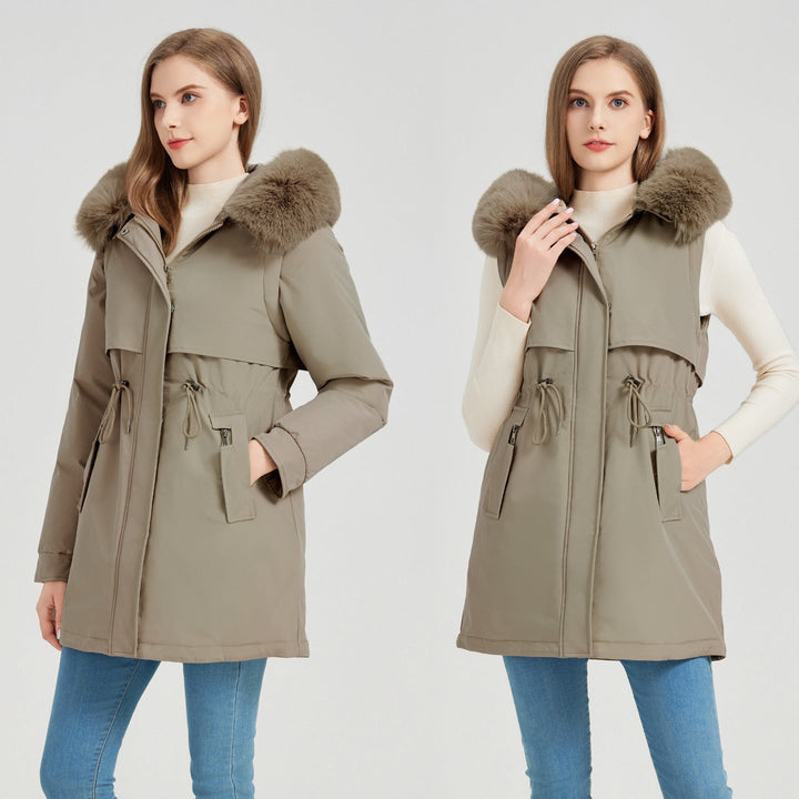 Women's Functional Parka with Removable Faux Fur Collar and Waist Drawstring Mune