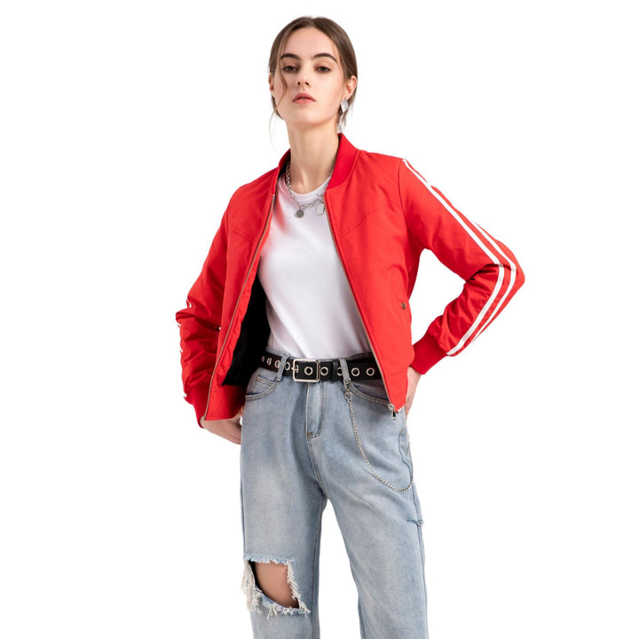 Women's casual bomber jacket with side contrast stripes, quilted inner lining and ribbed cuffs Mune Fashion
