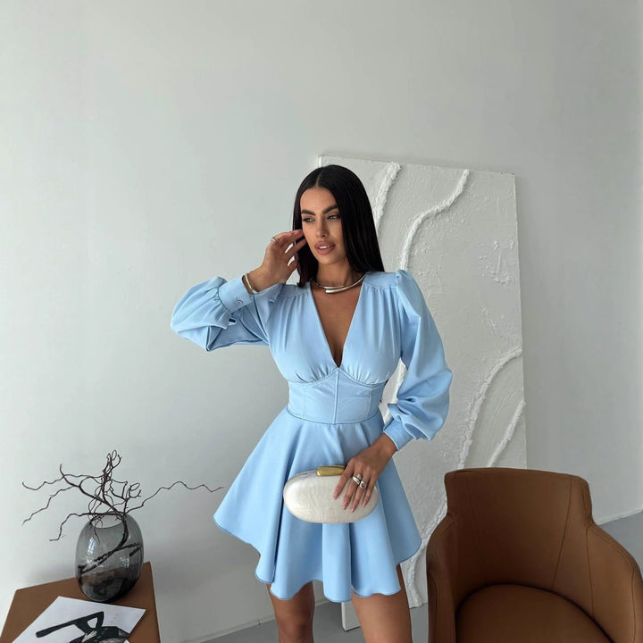 Women's Corset Detail Mini Dress with Puff Sleeves and Flared Skirt Mune Fashion