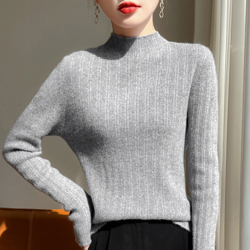 Women's slim-fit fine knit pullover with a short standing collar and fine ribbed texture Mune Fashion