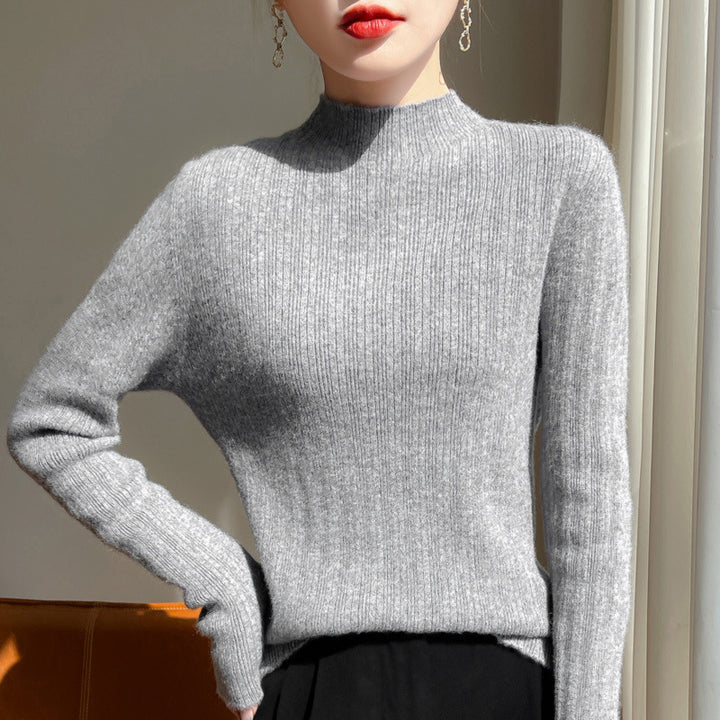 Women's slim-fit fine knit pullover with a short standing collar and fine ribbed texture Mune Fashion