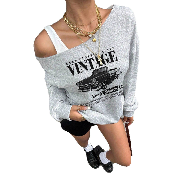 Women's Oversized Sweatshirt with Vintage Car Print and Drop Shoulder