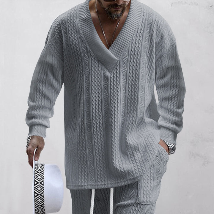 Men's oversized cable knit V-neck sweater with relaxed pants set Mune Fashion